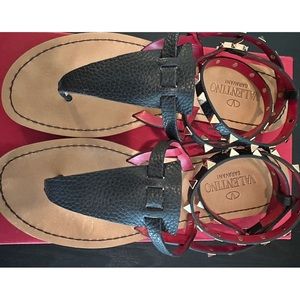 Valentino Rock Stud ankle strap thong leather sandals
